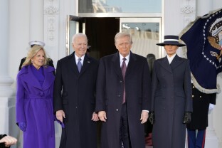 President-elect Donald Trump and Melania Trump are greeted by President Joe Biden and first lady Jill Biden, upon their arrival at the White House.