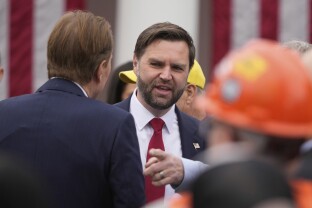 Vance talks after President Donald Trump an event to announce new tariffs.