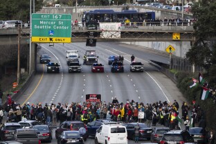 Pro-Palestinian protesters block Interstate 5 northbound in Seattle, WA