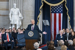 President Donald Trump speaks after taking the oath of office during the 60th Presidential Inauguration in the Rotunda of the U.S. Capitol.
