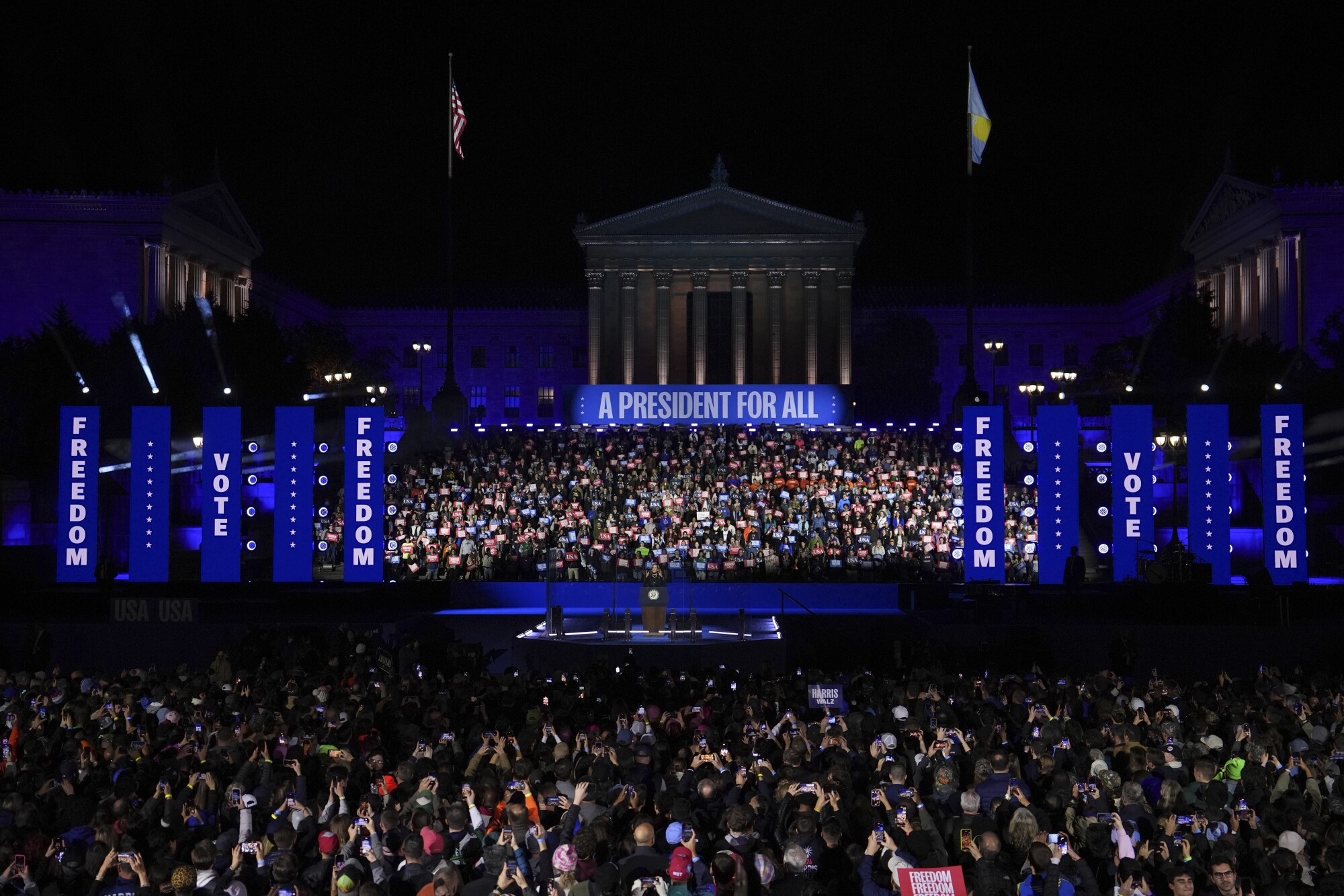 Harris speaks during a campaign rally outside the Philadelphia Museum of Art.