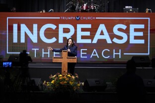 Kamala Harris speaking at Triumph Church in Southfield, MI.
