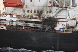 U.S.-owned ship Genco Picardy that came under attack Wednesday from a bomb-carrying drone launched by Yemen's Houthi rebels in the Gulf of Aden, Thursday, Jan.18, 2024.