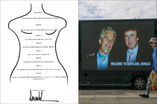 An image of the letter Donald Trump reportedly sent to Jeffery Epstein for his 50th birthday, left, and a photo of Trump standing next to Jeffrey Epstein at Mar-a-Lago in 1997.