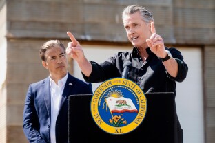 California Gov. Gavin Newsom, right, and California Attorney General Rob Bonta, left