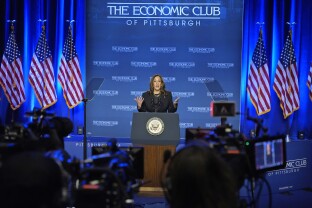 Harris addresses the Economic Club of Pittsburgh.