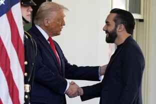 President Donald Trump greets El Salvador's President Nayib Bukele as he arrives at the West Wing of the White House, Monday, April 14, 2025, in Washington.