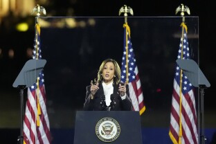 Harris delivers remarks during a campaign event at the Ellipse near the White House.
