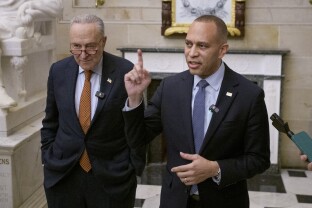 Chuck Schumer and Hakeem Jeffries speak to reporters.