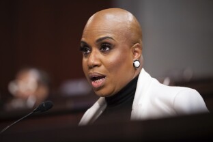 Rep. Ayanna Pressley speaks during a hearing.