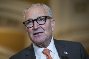 Senate Minority Leader Chuck Schumer speaks to reporters.
