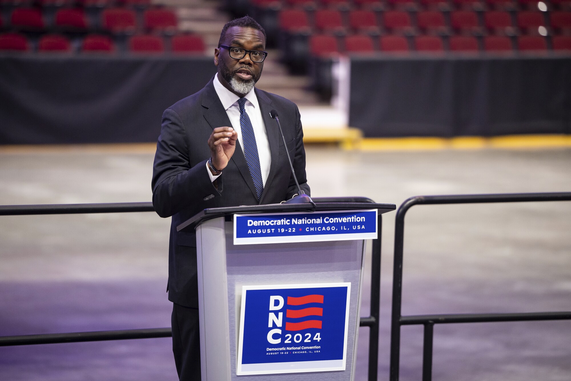 Chicago Mayor Brandon Johnson speaks during a media walk-through for the 2024 Democratic National Convention.