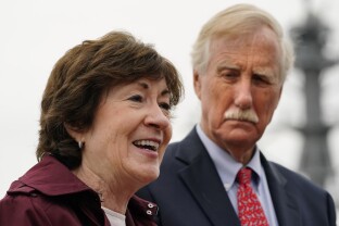 Sens. Susan Collins and Angus King speak to reporters.