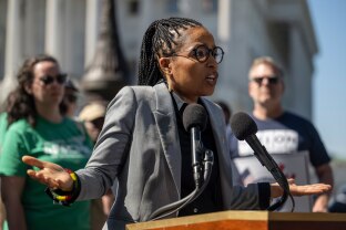 Senator Angela Alsobrooks speaks outside the U.S. Capitol