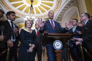 Thune speaks during a news conference following the weekly GOP caucus luncheon.