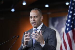 House Minority Leader Hakeem Jeffries, D-N.Y., speaks to reporters at his weekly news conference at the Capitol in Washington.