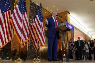 Former President Donald Trump speaks during a news conference at Trump Tower.