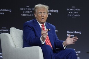 Donald Trump speaks at the Economic Club of Chicago with Bloomberg News' John Micklethwait.
