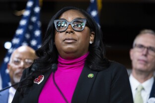 Rep. LaMonica McIver speaks at a press conference.